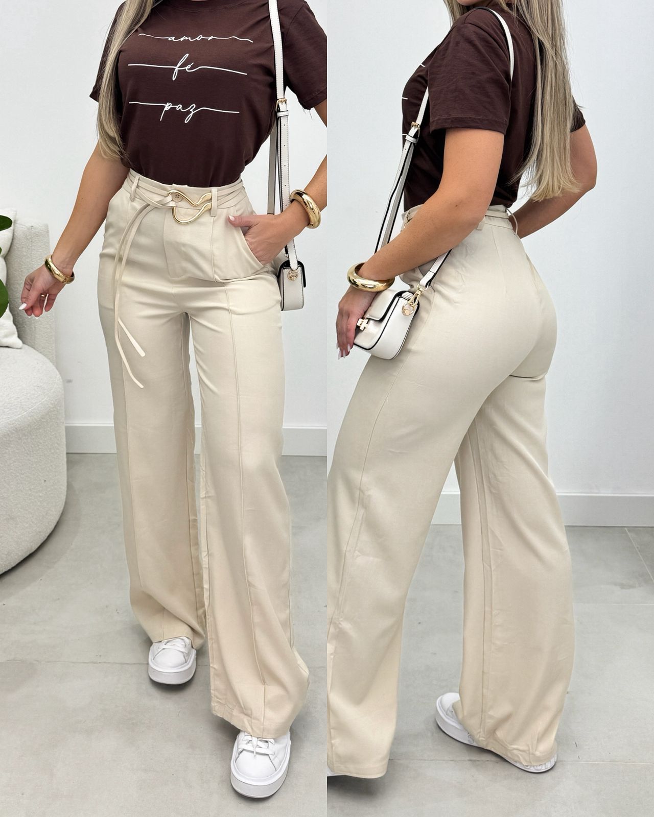 Calça Pantalona Elusian Bege Claro 104842