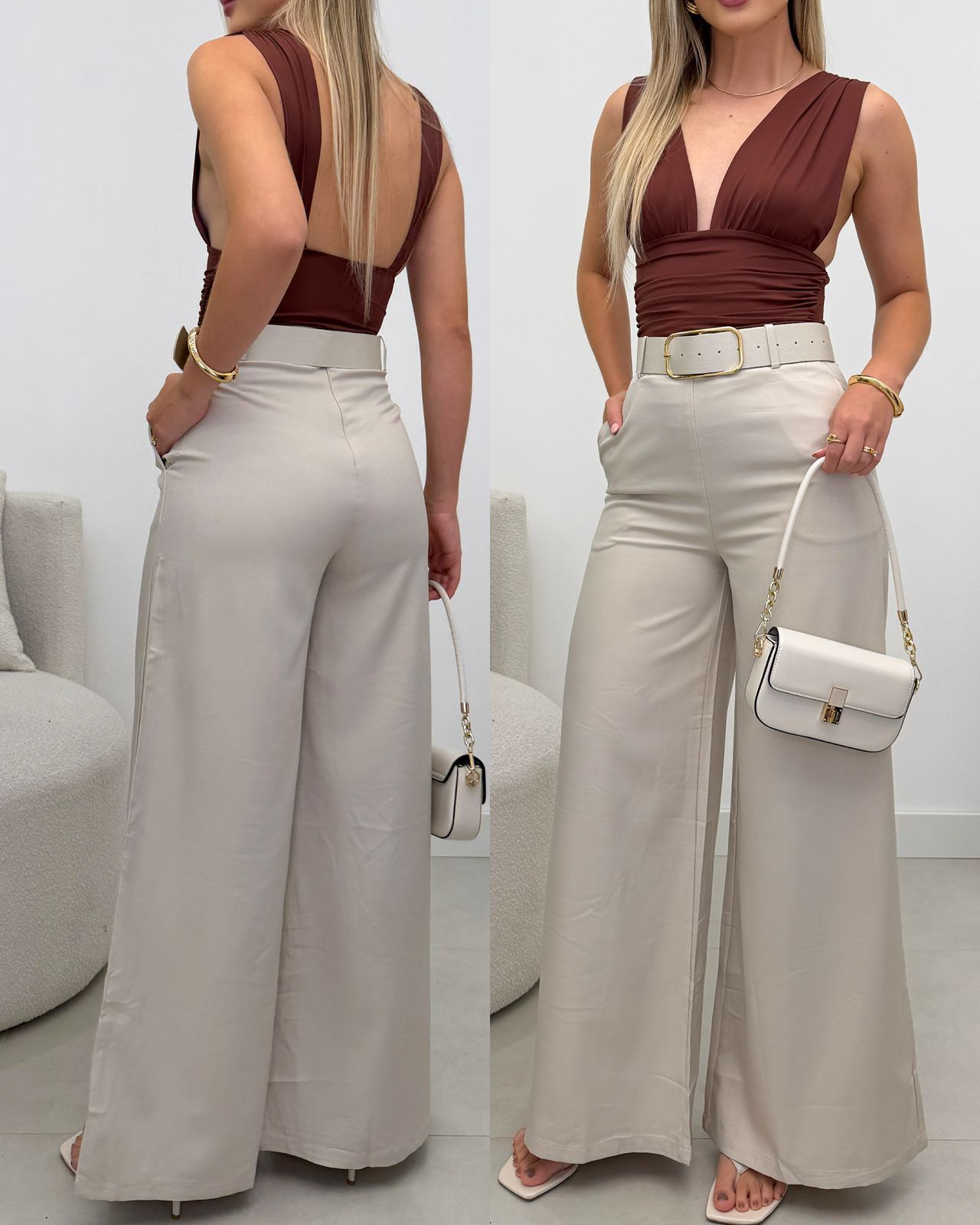 Calça Pantalona Janaina Bege Claro 126759