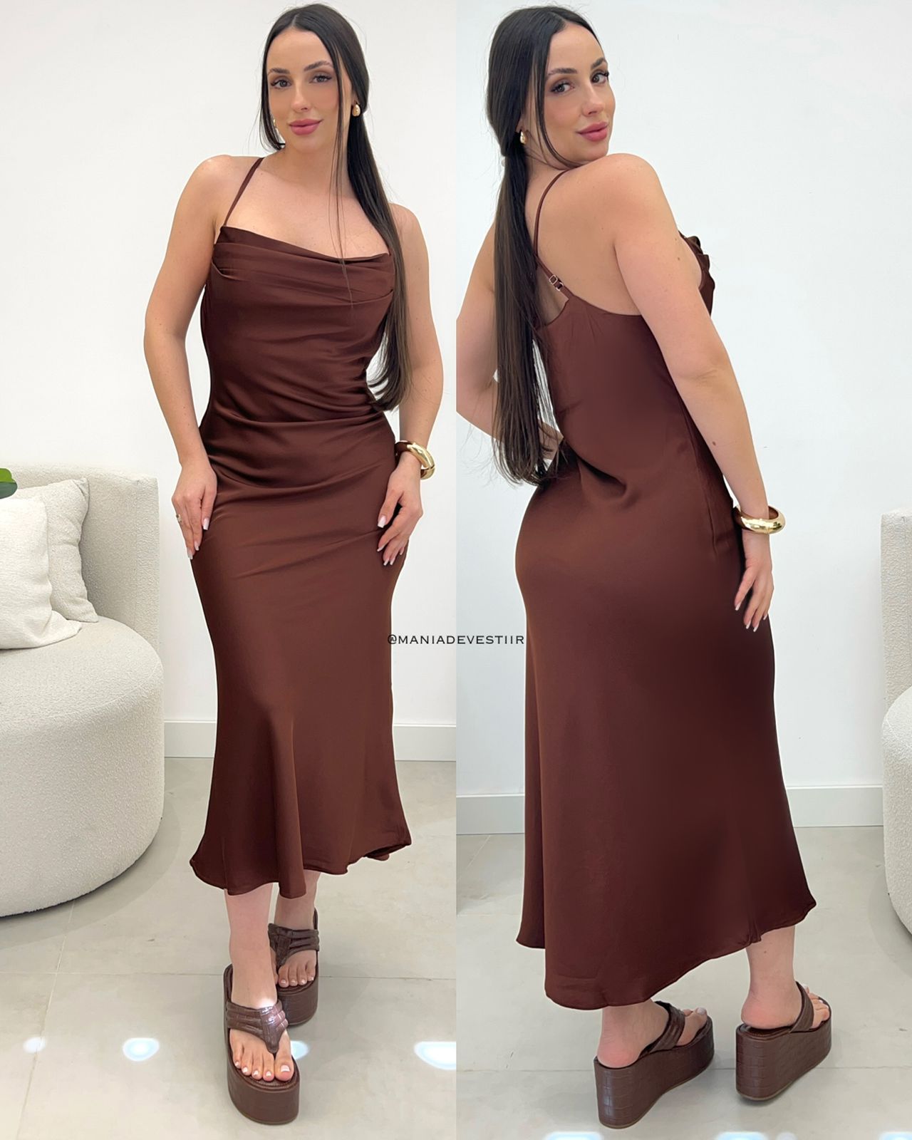 Vestido Cetim Maria Marrom 110038