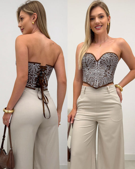 Cropped Corset Kefera Marrom/Branco 127060