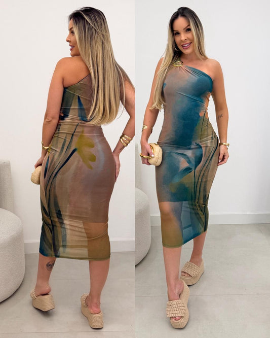 Vestido Tule Merlot Azul e Bege 123887