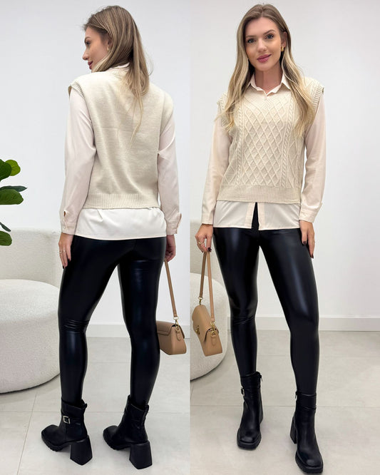 Conjunto Camisa e Colete Samira Bege Claro 133981