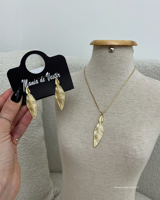 Conjunto Colar e Brinco Leaf Dourado 113301