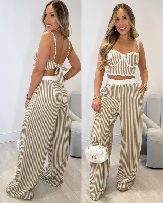 Conjunto Marina Listras Bege 136121