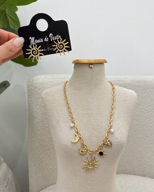Conjunto Colar e Brinco Mania Essenza Sol Dourado 137598