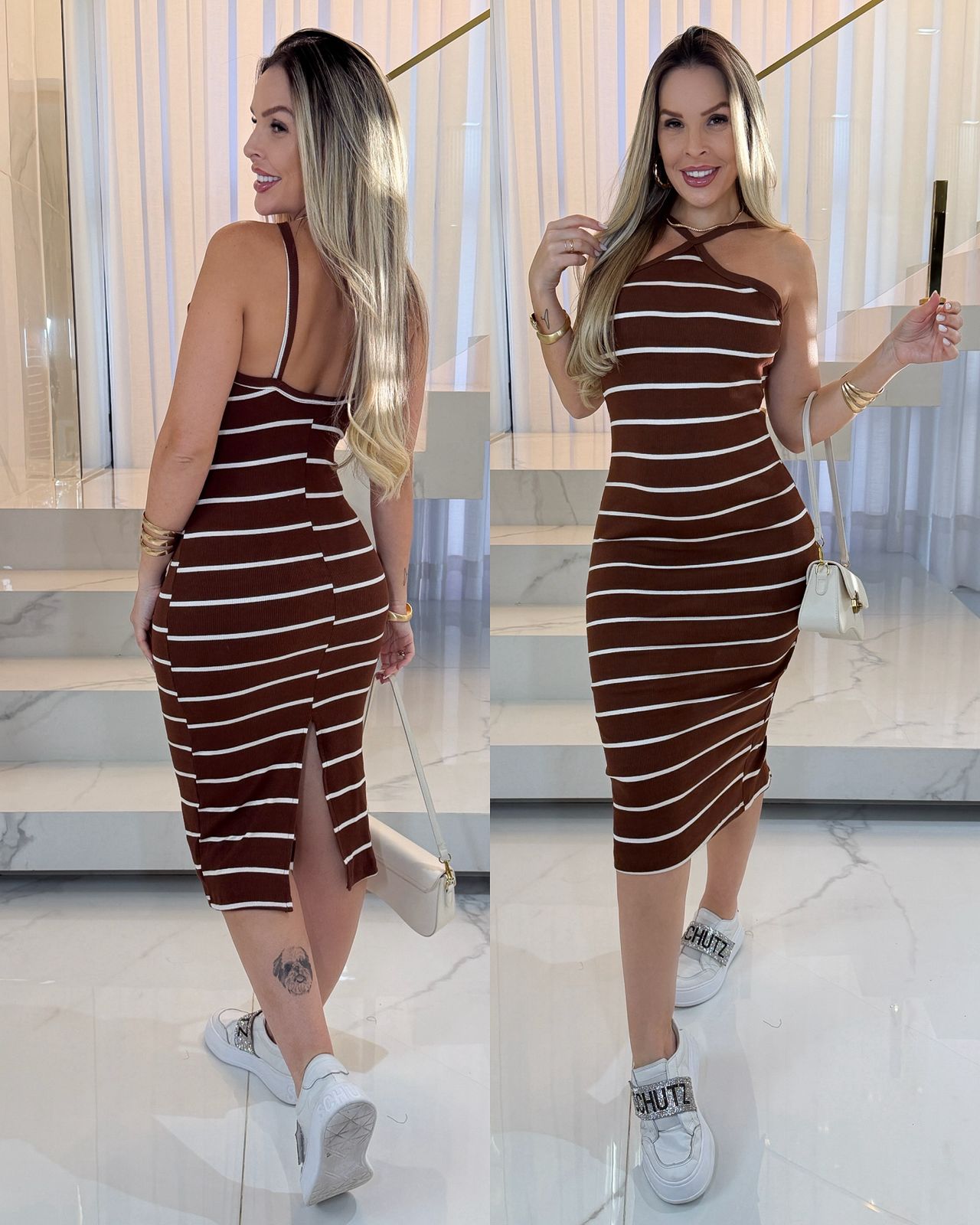 Vestido Canelado Yuna Marrom Listrado 116723