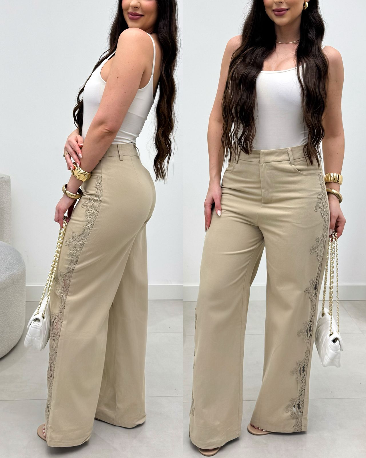 Calça Pantalona Aline Bege 136295