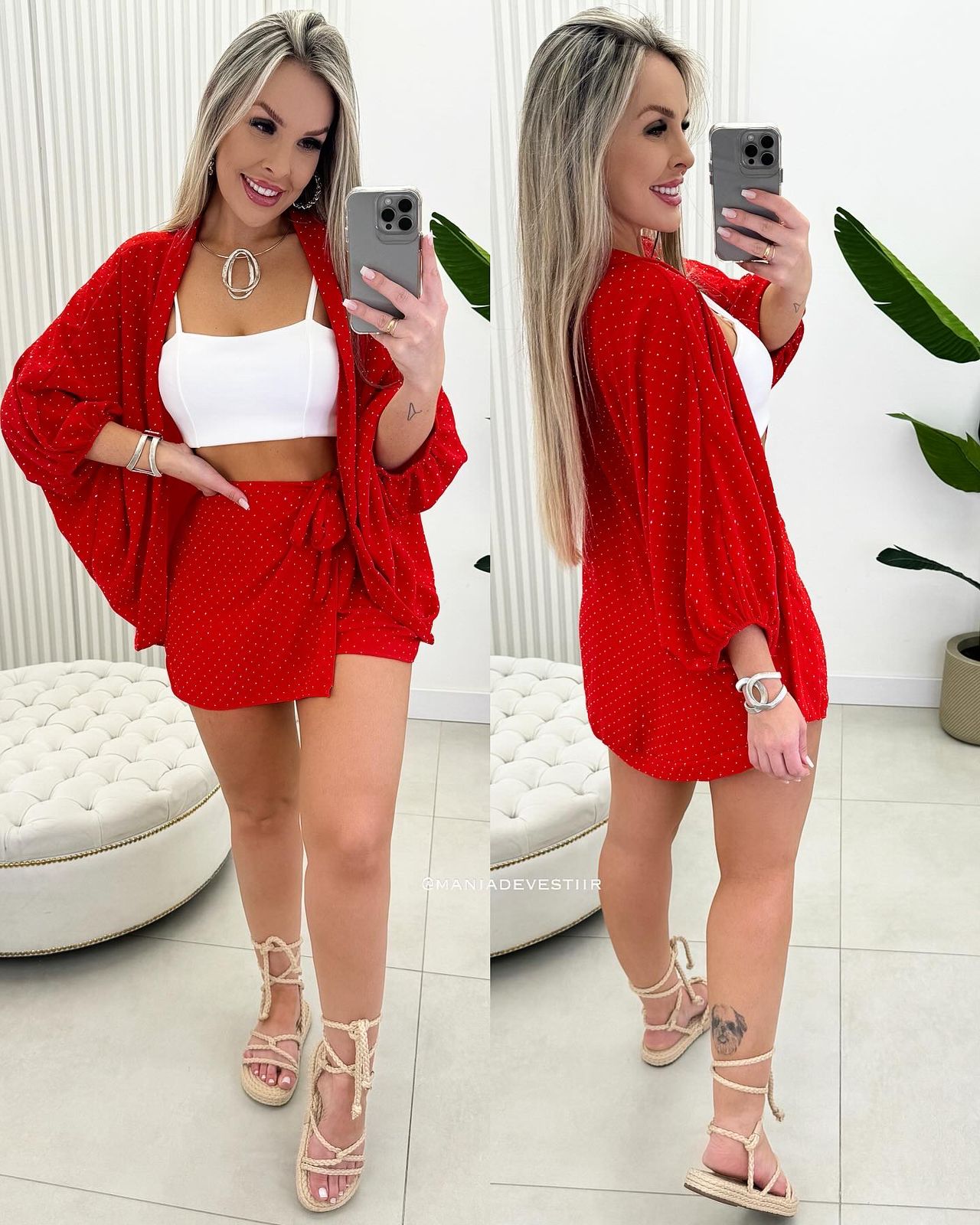 Conjunto Kimono e Shorts Saia Medusa Brilho Vermelho 32839