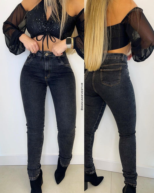 calça jeans nexo preta estonada keli 28114